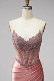 Pink Strapless Corset Rhinestone Ruched Satin Mermaid Prom Dress with Slit