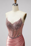 Pink Strapless Corset Rhinestone Ruched Satin Mermaid Prom Dress with Slit