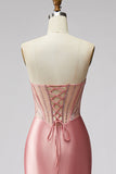 Pink Strapless Corset Rhinestone Ruched Satin Mermaid Prom Dress with Slit