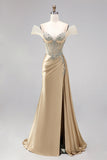 Champagne Satin Ruched Cold Shoulder Mermaid Long Prom Dress with Slit