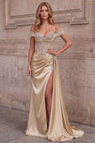 Champagne Satin Ruched Cold Shoulder Mermaid Long Prom Dress with Slit
