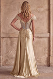 Champagne Satin Ruched Cold Shoulder Mermaid Long Prom Dress with Slit