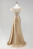 Champagne Satin Ruched Cold Shoulder Mermaid Long Prom Dress with Slit