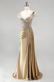 Champagne Satin Ruched Cold Shoulder Mermaid Long Prom Dress with Slit