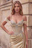 Champagne Satin Ruched Cold Shoulder Mermaid Long Prom Dress with Slit