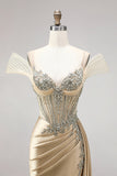 Champagne Satin Ruched Cold Shoulder Mermaid Long Prom Dress with Slit
