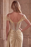 Champagne Satin Ruched Cold Shoulder Mermaid Long Prom Dress with Slit