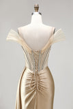 Champagne Satin Ruched Cold Shoulder Mermaid Long Prom Dress with Slit