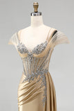Champagne Satin Ruched Cold Shoulder Mermaid Long Prom Dress with Slit