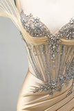 Champagne Satin Ruched Cold Shoulder Mermaid Long Prom Dress with Slit