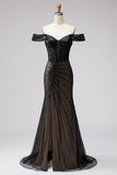 Sparkly Black Off the Shoulder Corset Mermaid Formal Dress with Slit