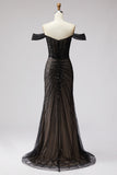 Sparkly Black Off the Shoulder Corset Mermaid Formal Dress with Slit