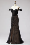 Sparkly Black Off the Shoulder Corset Mermaid Formal Dress with Slit