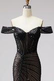 Sparkly Black Off the Shoulder Corset Mermaid Formal Dress with Slit