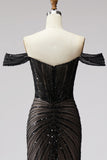 Sparkly Black Off the Shoulder Corset Mermaid Formal Dress with Slit