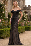 Sparkly Black Off the Shoulder Corset Mermaid Formal Dress with Slit