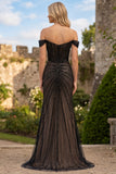Sparkly Black Off the Shoulder Corset Mermaid Formal Dress with Slit