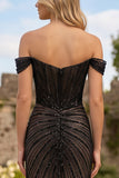 Sparkly Black Off the Shoulder Corset Mermaid Formal Dress with Slit