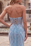 Sparkly Light Blue Strapless Beaded Mermaid Prom Dress with Pearls