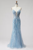 Sparkly Light Blue Strapless Beaded Mermaid Prom Dress with Pearls