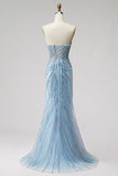 Sparkly Light Blue Strapless Beaded Mermaid Prom Dress with Pearls