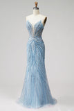 Sparkly Light Blue Strapless Beaded Mermaid Prom Dress with Pearls