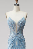 Sparkly Light Blue Strapless Beaded Mermaid Prom Dress with Pearls
