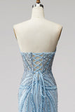 Sparkly Light Blue Strapless Beaded Mermaid Prom Dress with Pearls