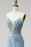 Sparkly Light Blue Strapless Beaded Mermaid Prom Dress with Pearls
