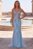 Sparkly Light Blue Strapless Beaded Mermaid Prom Dress with Pearls