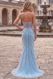 Sparkly Light Blue Strapless Beaded Mermaid Prom Dress with Pearls