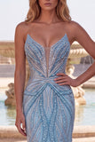 Sparkly Light Blue Strapless Beaded Mermaid Prom Dress with Pearls