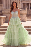 Sweetheart Light Green A Line Tiered Ruffled Beaded Corset Long Prom Dress