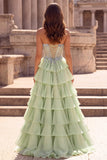Sweetheart Light Green A Line Tiered Ruffled Beaded Corset Long Prom Dress