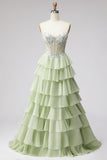 Sweetheart Light Green A Line Tiered Ruffled Beaded Corset Long Prom Dress