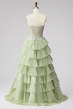 Sweetheart Light Green A Line Tiered Ruffled Beaded Corset Long Prom Dress