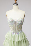 Sweetheart Light Green A Line Tiered Ruffled Beaded Corset Long Prom Dress