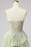 Sweetheart Light Green A Line Tiered Ruffled Beaded Corset Long Prom Dress