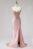 Strapless Pink Corset Beaded Sequin Satin Mermaid Long Prom Dress with Slit