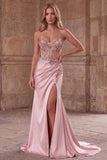 Strapless Pink Corset Beaded Sequin Satin Mermaid Long Prom Dress with Slit