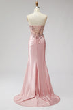 Strapless Pink Corset Beaded Sequin Satin Mermaid Long Prom Dress with Slit