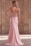 Strapless Pink Corset Beaded Sequin Satin Mermaid Long Prom Dress with Slit