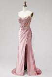 Strapless Pink Corset Beaded Sequin Satin Mermaid Long Prom Dress with Slit