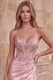 Strapless Pink Corset Beaded Sequin Satin Mermaid Long Prom Dress with Slit
