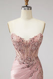 Strapless Pink Corset Beaded Sequin Satin Mermaid Long Prom Dress with Slit