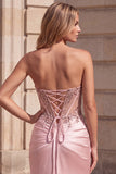 Strapless Pink Corset Beaded Sequin Satin Mermaid Long Prom Dress with Slit