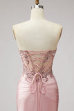 Strapless Pink Corset Beaded Sequin Satin Mermaid Long Prom Dress with Slit