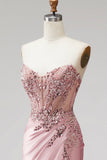Strapless Pink Corset Beaded Sequin Satin Mermaid Long Prom Dress with Slit
