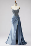 Strapless Blue Corset Satin Ruched Rhinestone Mermaid Prom Dress with Slit