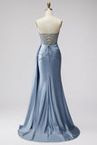 Strapless Blue Corset Satin Ruched Rhinestone Mermaid Prom Dress with Slit